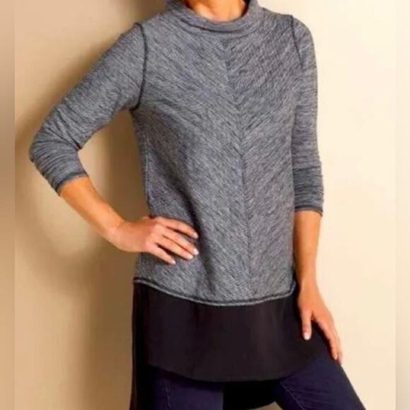 Soft Surroundings York Pullover Knit Layered Mock Neck Gray Black Tunic Sweater - Picture 1 of 5